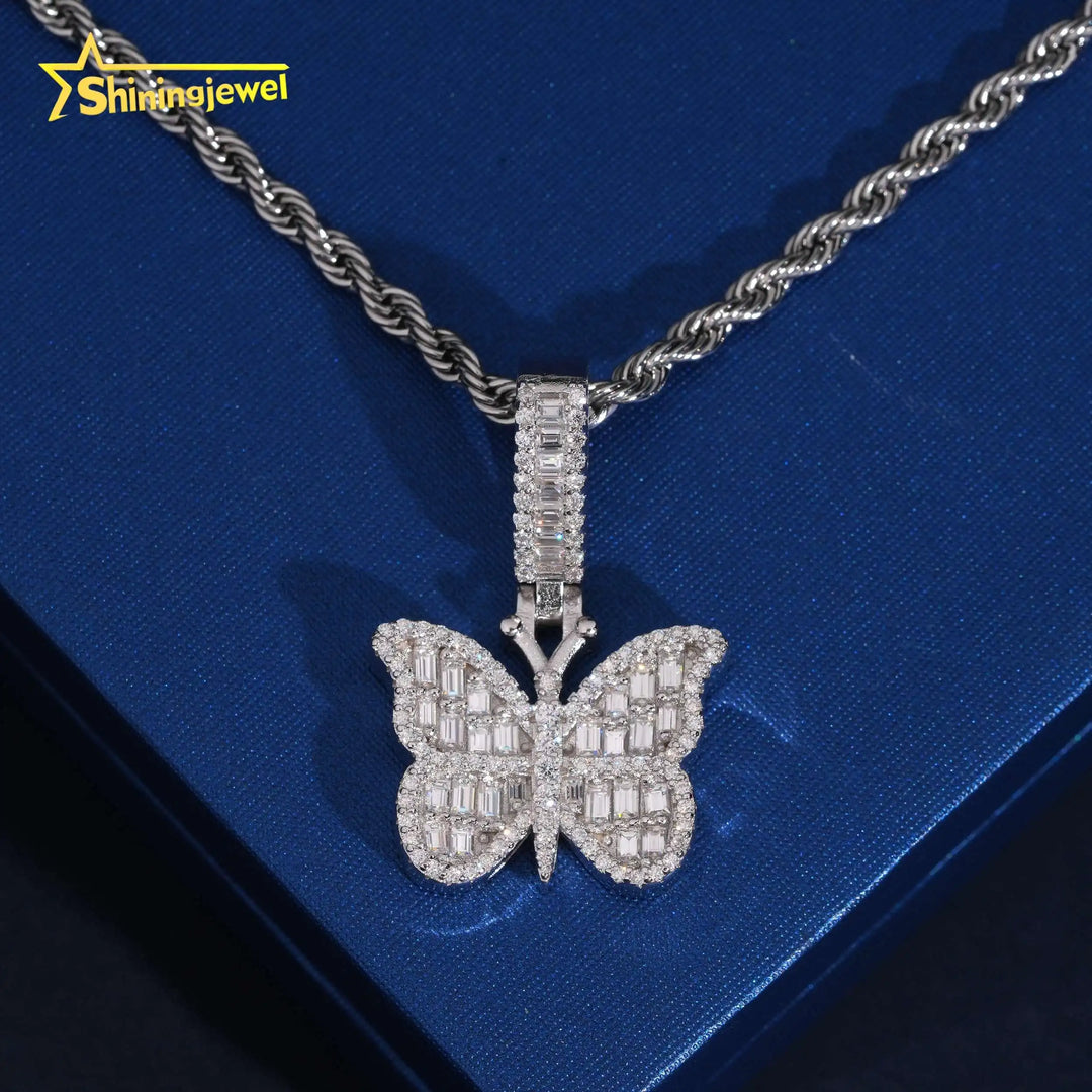USA Warehouse Affordable Butterfly Baguette Moissanite Cross Pendant Collection Hip Hop Iced Out Pendant Gift for Girlfriend