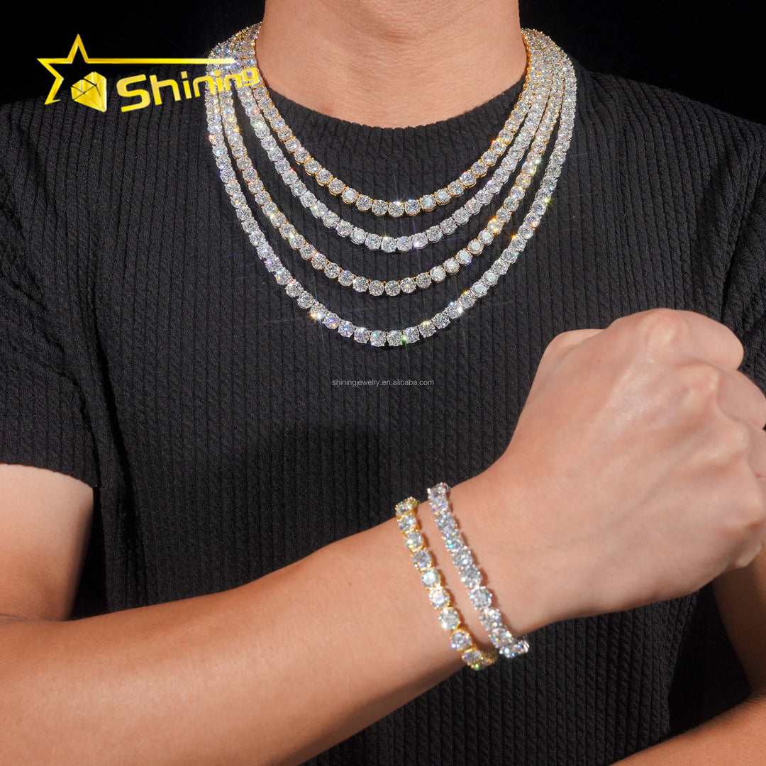 In Stock Ship in USA Warehouse Hip Hop Fashion Jewelry FL Moissanite Tennis Chains S925 Silver Iced Out Tennis Chain & Bracelet