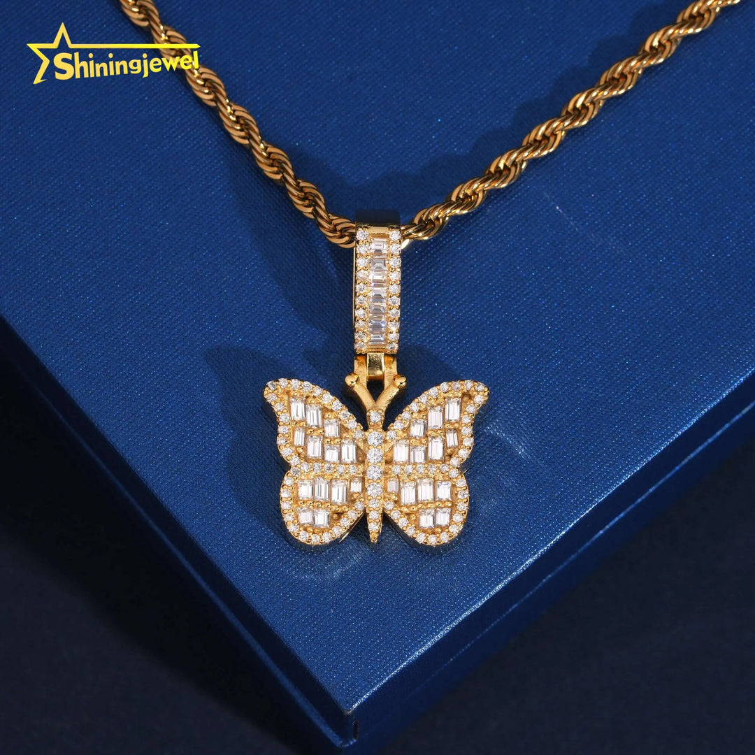 USA Warehouse Affordable Butterfly Baguette Moissanite Cross Pendant Collection Hip Hop Iced Out Pendant Gift for Girlfriend