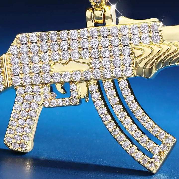 Personalized AK47 18K Gold Plated Rifle Charm HIP HOP Punk Jewelry Rope Chain ZIRCON Iced Out CZ Gun Pendant Necklace for Men