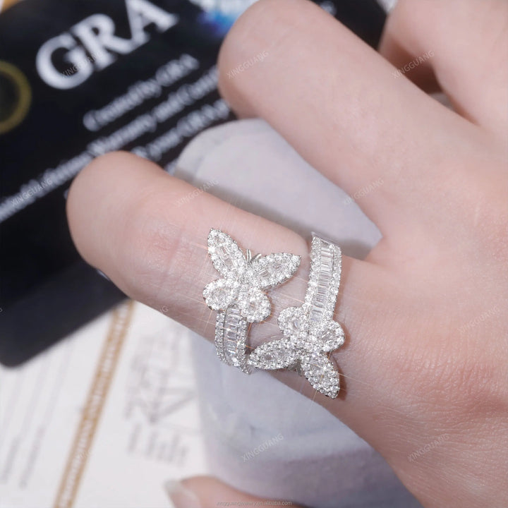 Ice Out Fashion Butterfly Moissanite Ring S925 Sterling Silver VVS Bling Diamond Ring for Men Women Shining Hip Hop Cuban Ring