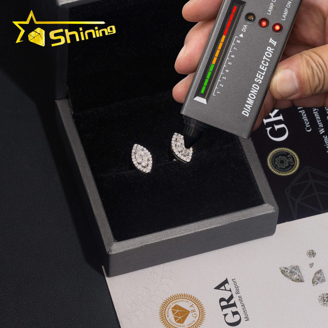 Local Stock High Quality 925 Silver Hip Hop Iced Out Marquise Moissanite Diamond Earrings