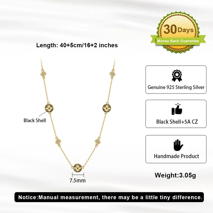 RINNTIN GMN64 USA Local Stock 925 Sterling Silver Necklace Four-Leaf Clover Necklace Black Shell Pearl Necklace for Women