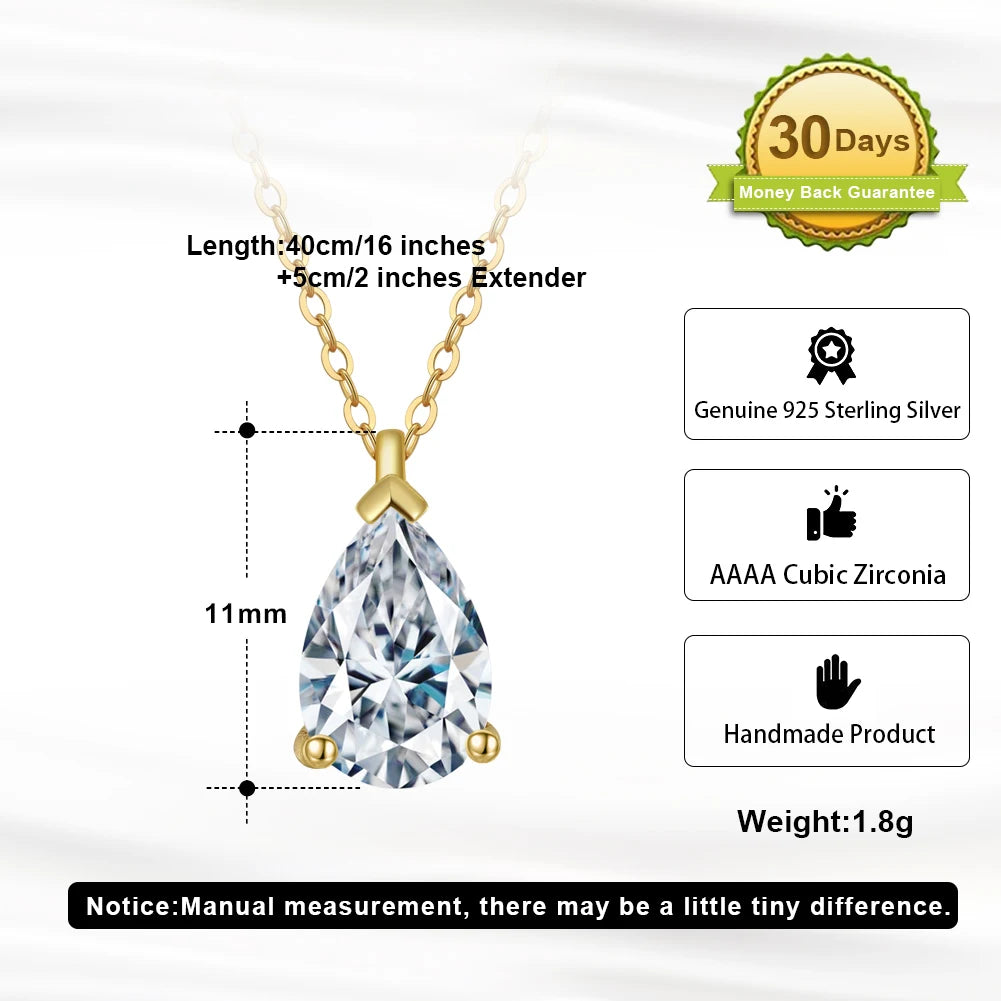 RINNTIN APN10 USA Local Stock Classic Design Pear Cut Cubic Zirconia Pendant Necklace 925 Silver Jewelry for Women Fine Jewelry
