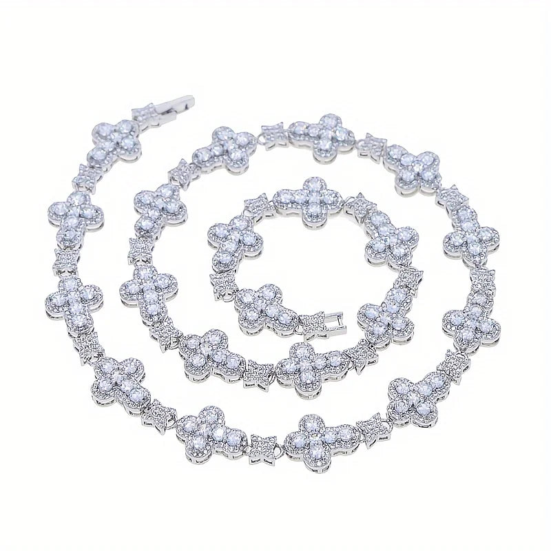 USA Cross Tennis Necklace Birthday Christmas Gift 14K White Gold Plated CZ Diamond Men Women Hypoallergenic Cubic Zirconia Chain