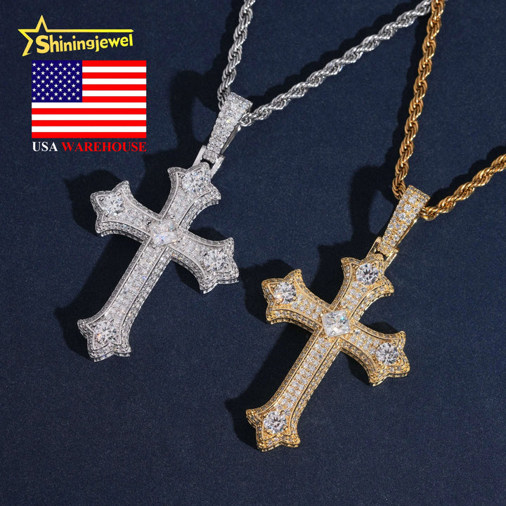 USA Warehouse Affordable Big Diamond 6mm Moissanite Cross Pendant Collection Hip Hop Iced Out Pendant Religious Jewelry