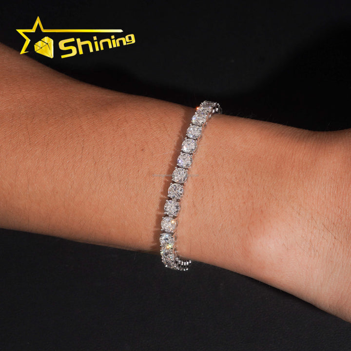 In Stock Ship in USA Warehouse Hip Hop Fire Jewelry FL 5mm Moissanite Prong Setting  S925 Solid Silver Iced Out Tennis Bracelet