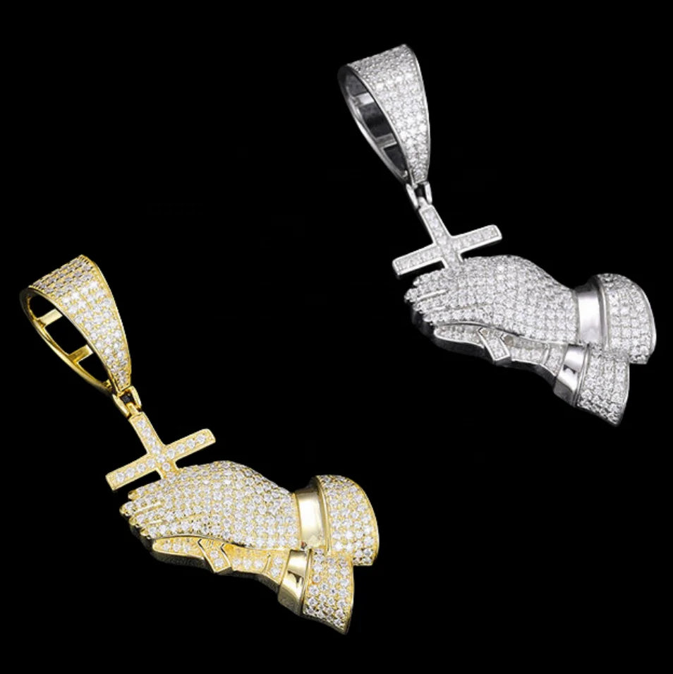Hip Hop Jewelry Religious 925 Sterling Silver Bling Cross Pray Hand Pendant for NecklaceIced Out D Color Moissanite