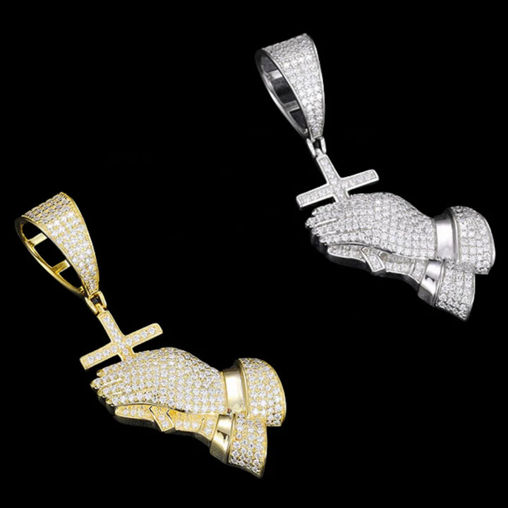 Hip Hop Jewelry Religious 925 Sterling Silver Bling Cross Pray Hand Pendant for NecklaceIced Out D Color Moissanite