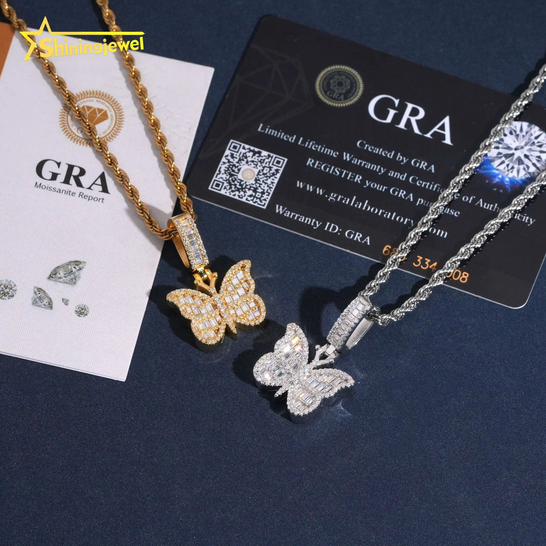 USA Warehouse Affordable Butterfly Baguette Moissanite Cross Pendant Collection Hip Hop Iced Out Pendant Gift for Girlfriend