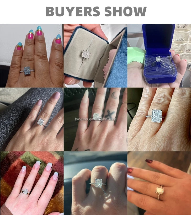 Tianyu 3ct Radiant Crushed Ice Cut Moissanite Rings Silver Sterling 925 18k White Gold Plated Fine Jewelry Mossanite Ring