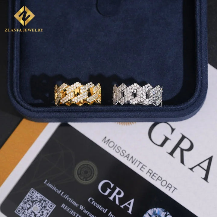 Hot Sale Fashion New Design Gold and Silver Moissanite  Ring Full Diamond GRA Certificates Pass Diamond Tester Hip Hop Style