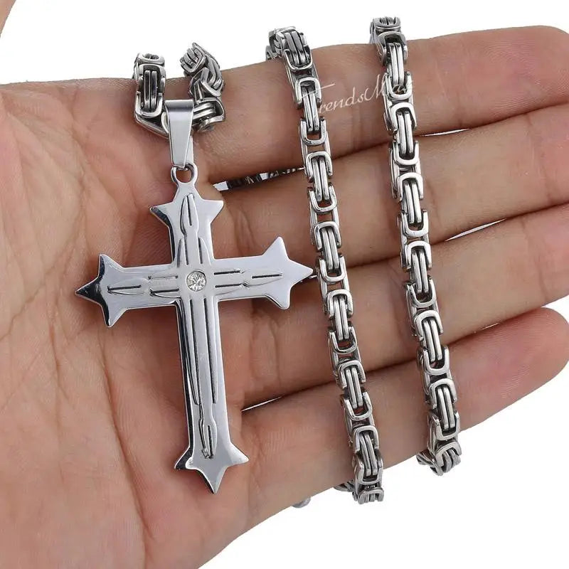 Men's Cross Necklace Gold Color Black Cross Pendant Stainless Steel Byzantine Chain Necklace 2024 Hip Hop Male Jewelry