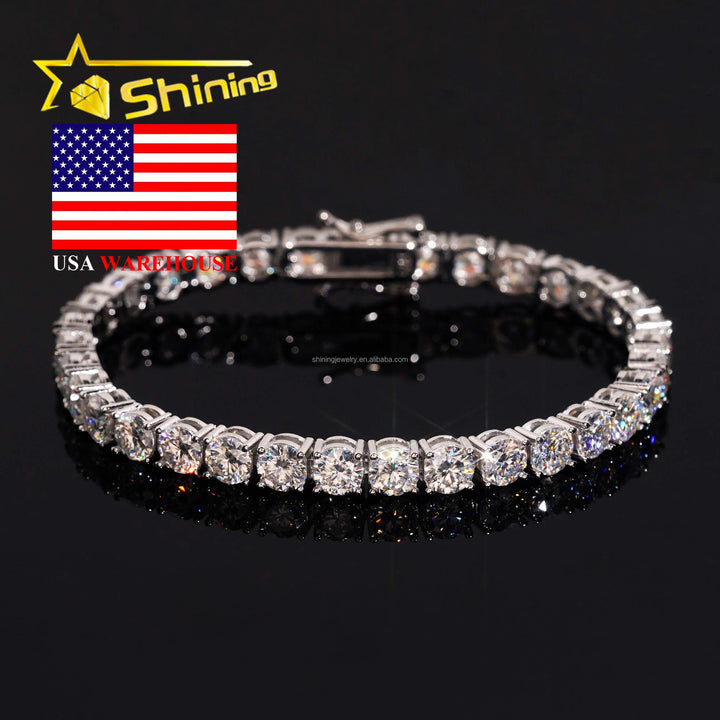 In Stock Ship in USA Warehouse Hip Hop Fire Jewelry FL 5mm Moissanite Prong Setting  S925 Solid Silver Iced Out Tennis Bracelet