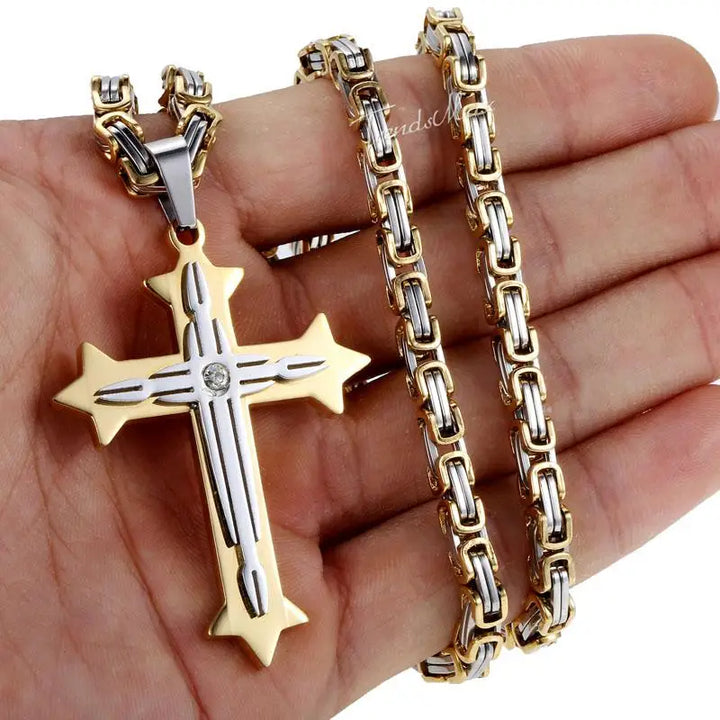 Men's Cross Necklace Gold Color Black Cross Pendant Stainless Steel Byzantine Chain Necklace 2024 Hip Hop Male Jewelry