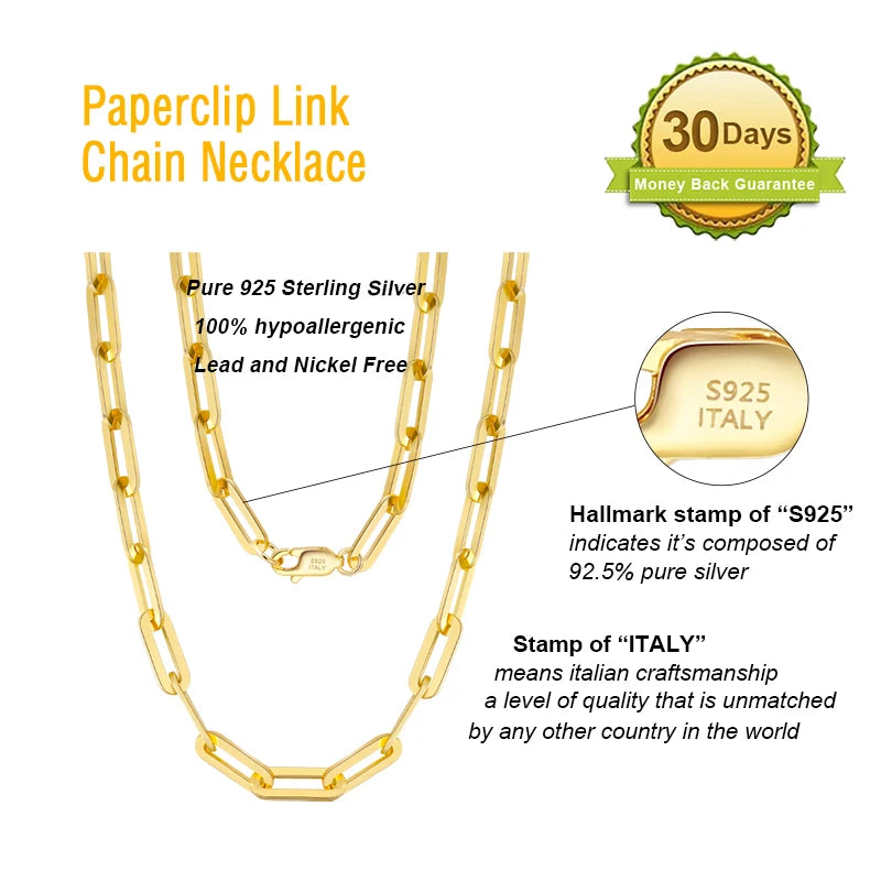 RINNTIN SC40 USA Local Stock Fine Jewelry 925 Sterling Silver 3mm Paperclip Link Chain Necklaces 14K Gold Plated for Women Men