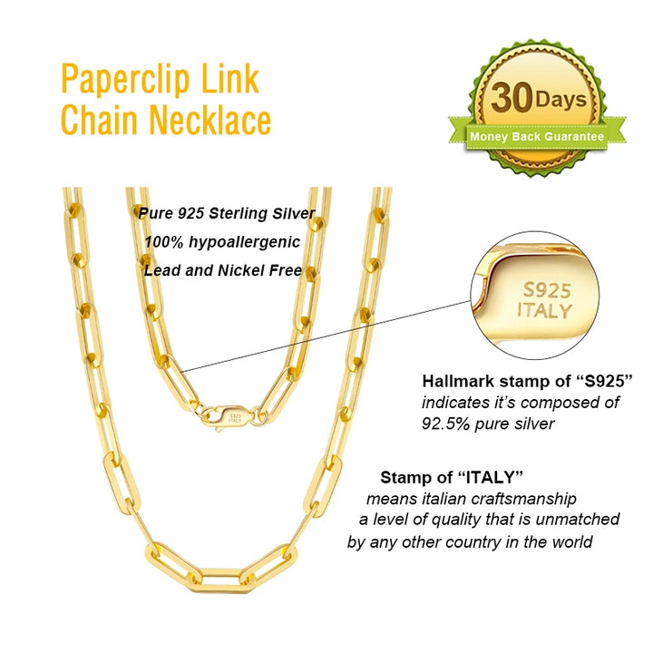 RINNTIN SC40 USA Local Stock Fine Jewelry 925 Sterling Silver 3mm Paperclip Link Chain Necklaces 14K Gold Plated for Women Men