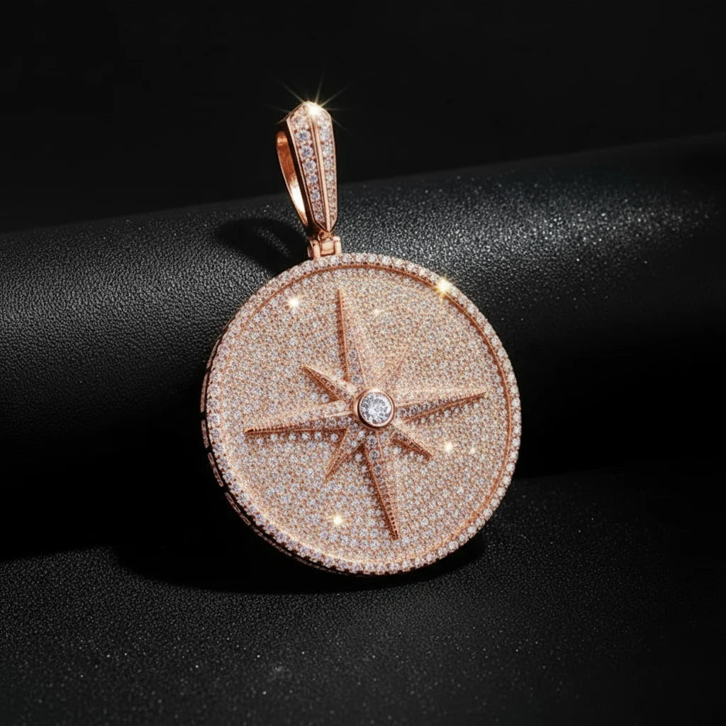 Iced Out Eight Pointed Star Compass Design  Moissanite Pendant for Necklace Men Women 925 Sterling Silver Hip Hop Style Jewelry
