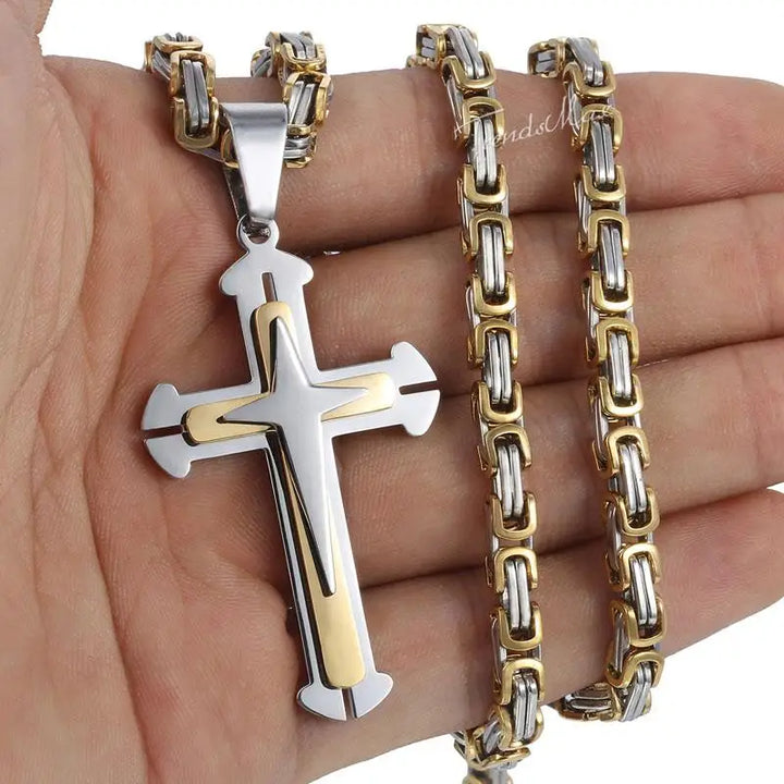 Men's Cross Necklace Gold Color Black Cross Pendant Stainless Steel Byzantine Chain Necklace 2024 Hip Hop Male Jewelry