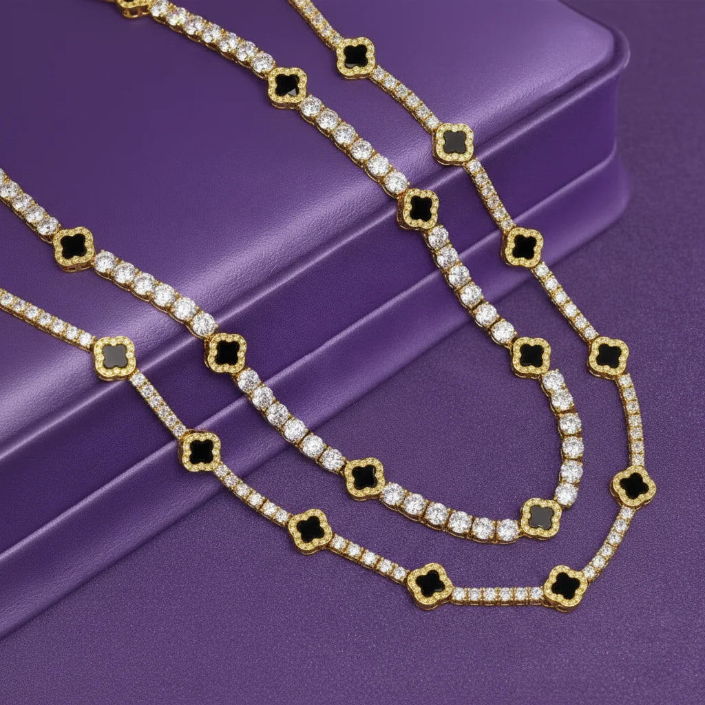 GRA 925 Solid Silver Tennis Chain 3mm 5mm  Black Agate Clover Moissanite Tennis Chain Necklace Bracelet Fine Moissanite Jewelry