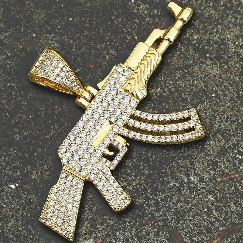 Personalized AK47 18K Gold Plated Rifle Charm HIP HOP Punk Jewelry Rope Chain ZIRCON Iced Out CZ Gun Pendant Necklace for Men