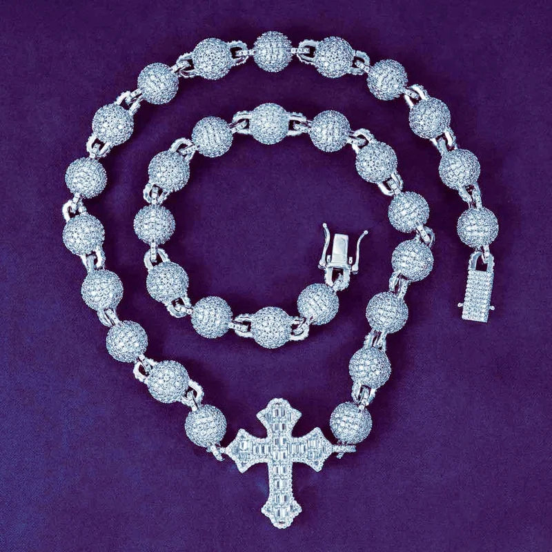 GRA D Color 10MM Men's 925 Sterling Silver Baguette Cross Beads Link Chain Iced Out Moissanite Passes Diamond Tester Necklaces