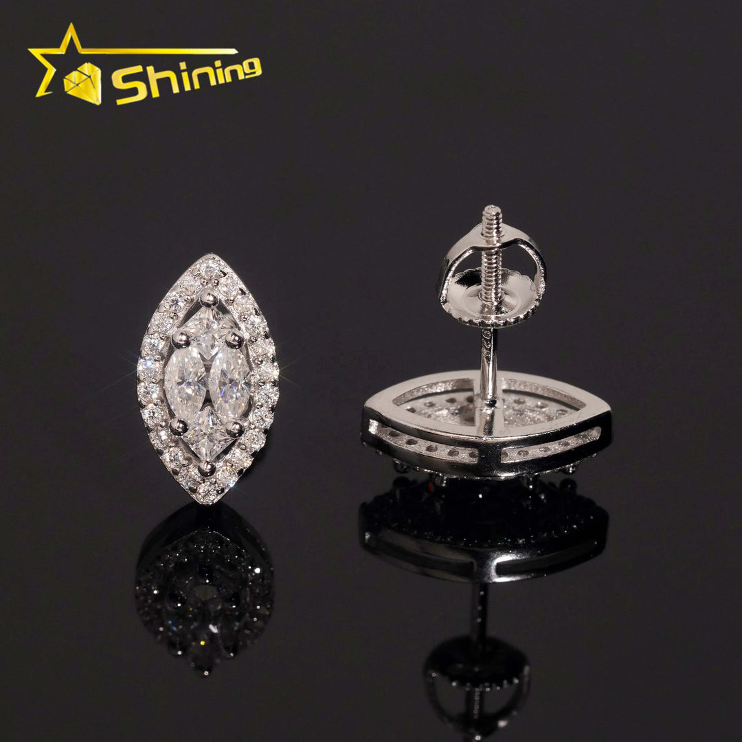 Local Stock High Quality 925 Silver Hip Hop Iced Out Marquise Moissanite Diamond Earrings