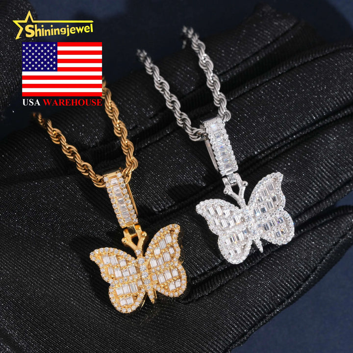 USA Warehouse Affordable Butterfly Baguette Moissanite Cross Pendant Collection Hip Hop Iced Out Pendant Gift for Girlfriend