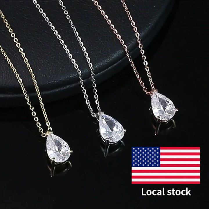 RINNTIN APN10 USA Local Stock Classic Design Pear Cut Cubic Zirconia Pendant Necklace 925 Silver Jewelry for Women Fine Jewelry