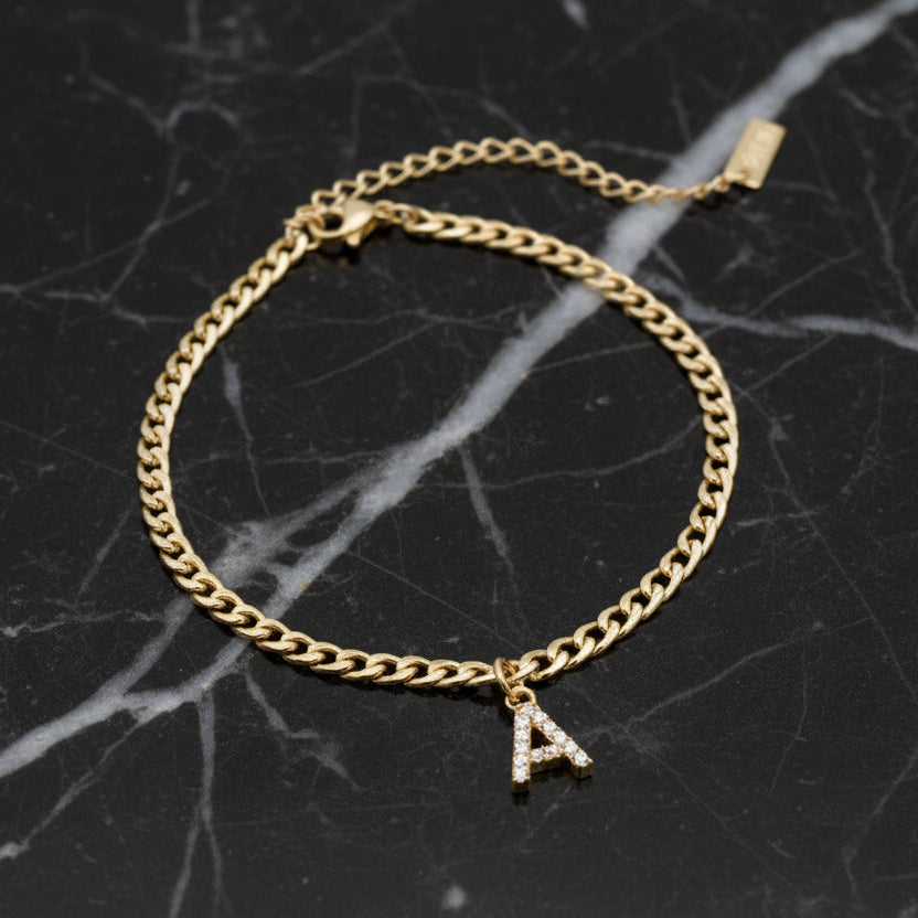 4MM Cuban Pave Initial Anklet