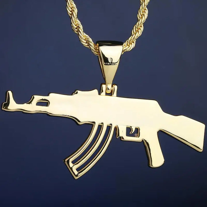 Personalized AK47 18K Gold Plated Rifle Charm HIP HOP Punk Jewelry Rope Chain ZIRCON Iced Out CZ Gun Pendant Necklace for Men