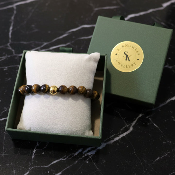 8MM Tiger's Eye & Gold Bracelet