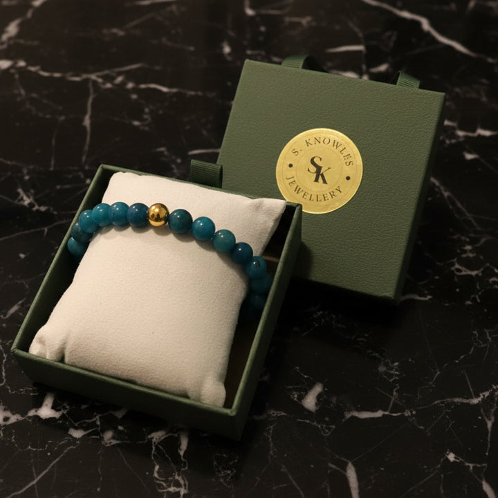 8MM Blue Jade & Gold Bracelet