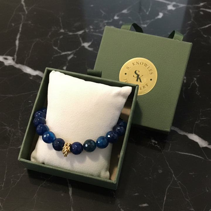 10MM Blue Agate & Gold Bracelet