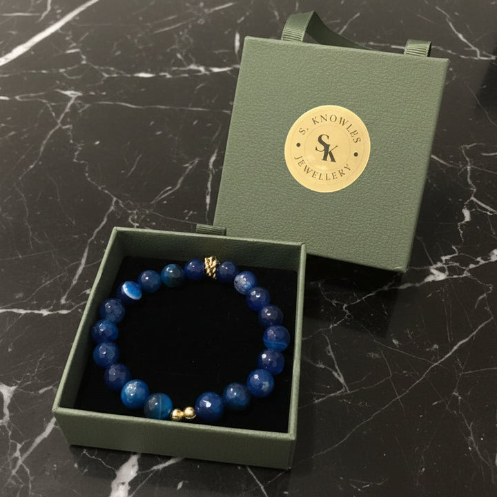 10MM Blue Agate & Gold Bracelet