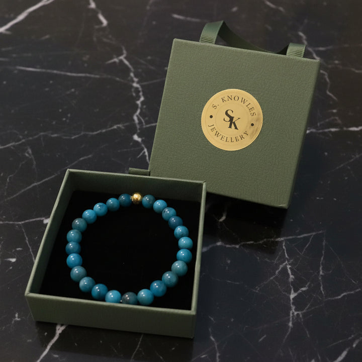 8MM Blue Jade & Gold Bracelet